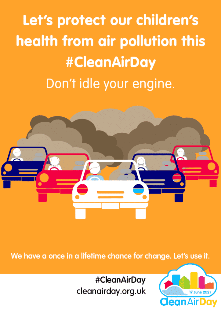 Orange poster with of cars Clean Air day encouraging people to not idle their cars