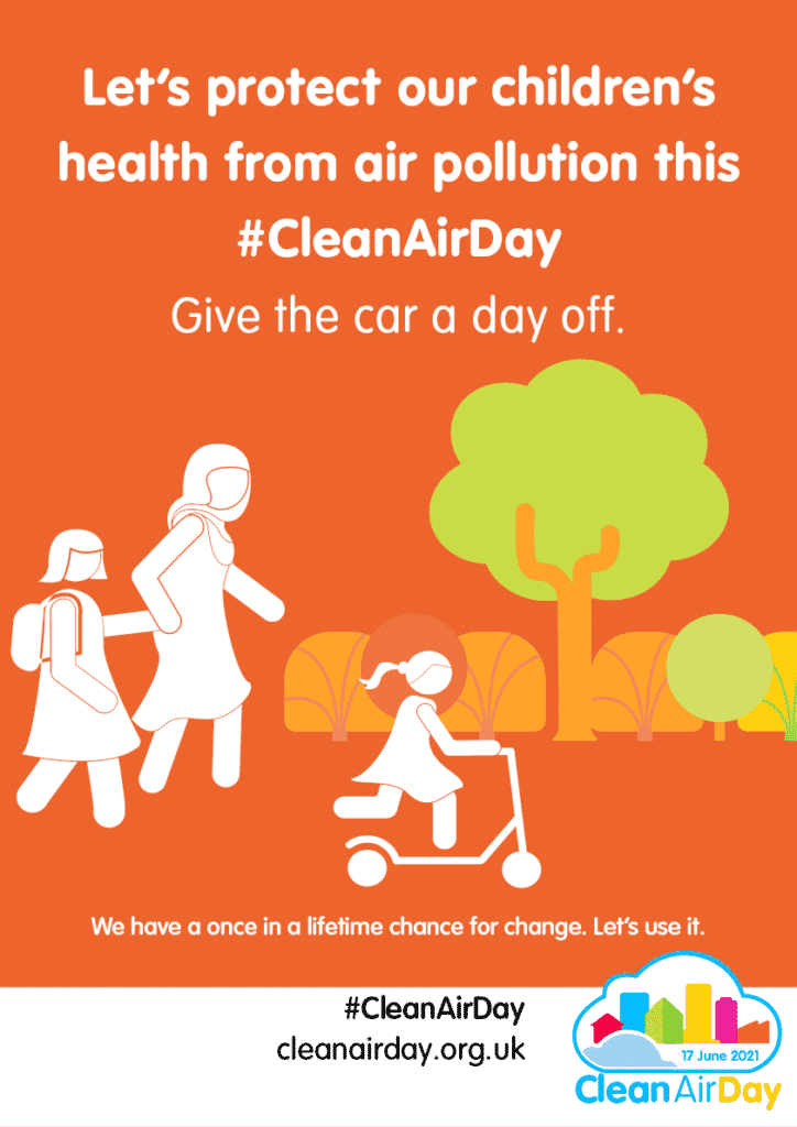 Orange poster with white graphics of a family and tree for Clean Air day encouraging people to give the car a day off
