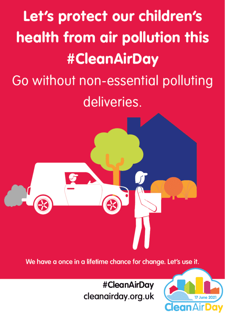 Red poster with white graphic of a delivery van and driver, a blue house and a tree for Clean Air day encouraging people to limit non-essential deliveries