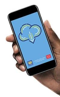 Phot of a hand holding a mobile phone screen showing the Lewisham Air App