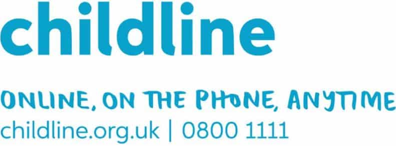 Blue childline logo with their website childline.org.uk and telephone number 0800 1111