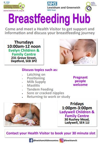 poster advertising the LCFC breastfeeding hubs at Evelyn Childrens Centre on Thursdays 10am-12 noon and at Ladywell Children s Centre on Fridays 10am to 3pm