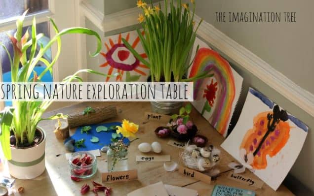 Spring exploration table with natural materials and art work