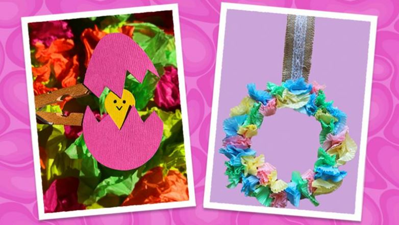 Spring Easter crafts on pink background. bright coloured wreath and pink egg with chick inside