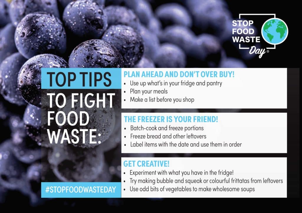 information on food waste on a slide with blueberries, plan ahead the freezer is your friend and get creative.