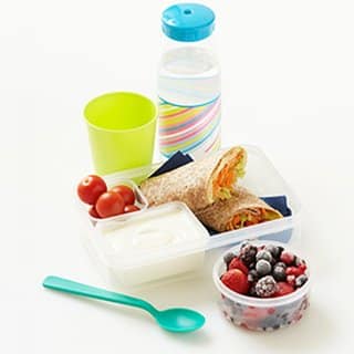 A lunchbox containing a Hummus and salad wrap cheery tomatoes and yoghurt, a tub containing frozen summer fruits, a blue plastic spoon and a small drinks bottle containing water