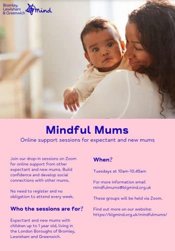 Mindful Mums drop-in poster. Dual heritage appearing Mum with her back to the camera holding her baby.