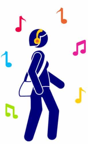 graphic of blue person wearing yellow headphones with multi-coloured music notes around them