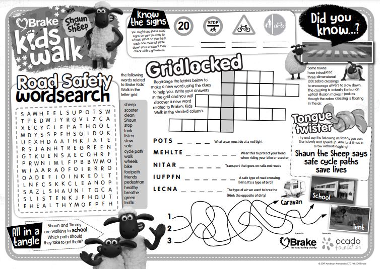 Black and white road safety activity sheet featuring Shaun the Sheep