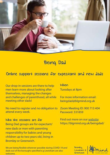 Mindful Mums Being Dad drop-in poster. White dad drinking from a cup sitting looking at his laptop with his baby on his lap.