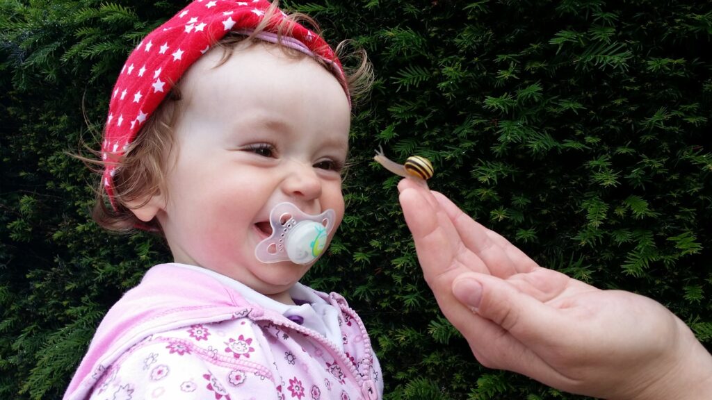 White toddler girl in spotty headband and dummy, smiling at a snail