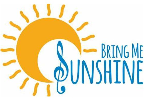 Bring me Sunshine Logo. Yellow sunshine with logo written in blue on a white background. The S in sunshine is a treble clef. 