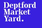 Deptford Market Yard logo. Blue square with white writing on a blue square
