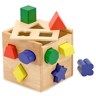 Cube wooden sorter, with coloured shapes